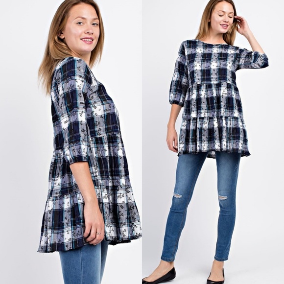 💙Navy & White Floral Plaid Tunic Top - Picture 3 of 5